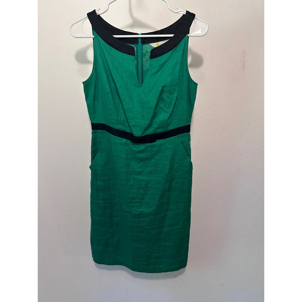 Boden Green Linen Shift Dress Navy Trim Bow Detail Pockets W0546 Size 4R